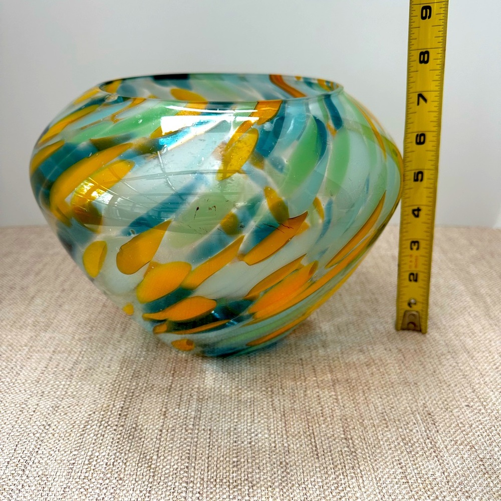 Romanian Hand blown glass bowl vase 7.5” tall